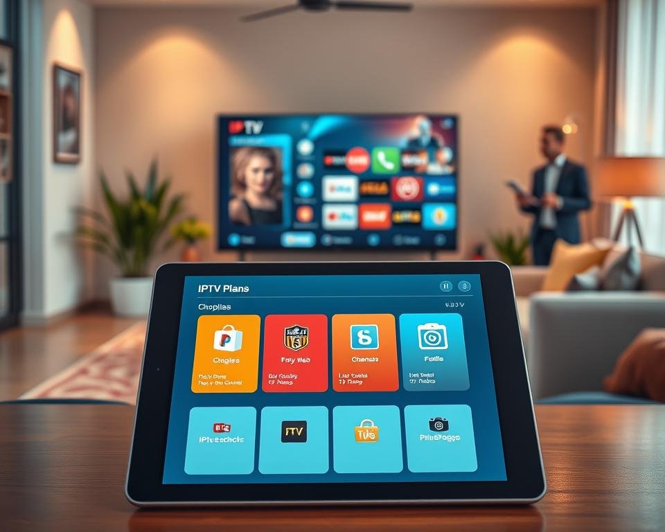 A visually engaging illustration of IPTV subscription plans featuring a sleek, modern layout. In the foreground, showcase a digital tablet displaying various IPTV subscription options with attractive icons and vibrant colors, representing different packages. The middle ground includes a stylish living room setting with a large flat-screen TV displaying a dynamic interface of IPTV channels. In the background, emphasize a cozy ambiance with soft lighting, warm colors, and decorative elements like potted plants or stylish furniture. Capture a professional atmosphere, perhaps with a business person in smart casual attire discussing the plans, reflecting enthusiasm and engagement. Utilize natural lighting to enhance the inviting mood, with a slight focus lens effect to add depth to the scene. The overall feel should be modern, informative, and visually appealing.