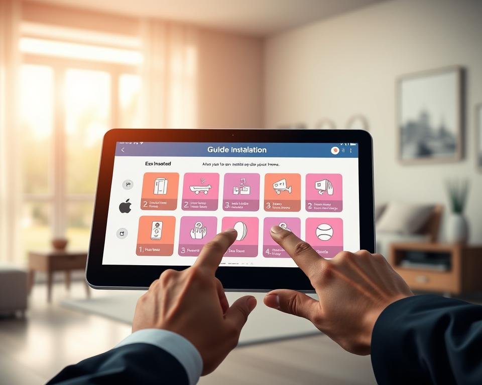 A visually engaging illustration of a modern "guide installation application" interface displayed on a sleek tablet. In the foreground, the tablet should show step-by-step installation instructions, with vibrant, user-friendly icons indicating each phase of the process. In the middle ground, imply hands of a person in professional attire tapping the screen, symbolizing user interaction. The background should feature a well-lit, minimalist home environment, with soft natural light filtering through a window, creating a warm atmosphere. Use a slight focus on the tablet, while blurring the background to enhance depth. The overall mood should convey ease and efficiency, symbolizing a fast and simple installation experience.