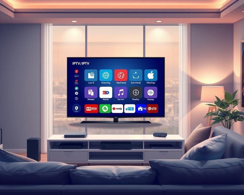 A visually engaging illustration showcasing various types of IPTV services, ideally set in a modern living room environment. In the foreground, a sleek flat-screen TV displays icons representing different IPTV options like live streaming, video on demand, and subscription services. Below the TV, a stylish media console holds streaming devices and remotes. In the middle ground, a comfortable couch is adorned with pillows, hinting at a cozy viewing experience. The background features a well-lit room with soft ambient lighting and a large window, suggesting a welcoming atmosphere. The overall mood is inviting and technological, conveying the ease and variety of IPTV entertainment options available in a sophisticated yet approachable manner.