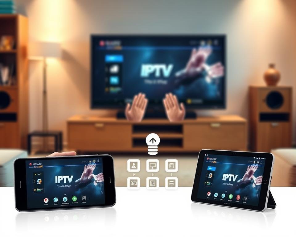 A visually engaging image depicting the installation and configuration of an IPTV application on various devices. In the foreground, show a sleek smartphone, a tablet, and a smart TV, all displaying the same IPTV interface, symbolizing versatility across devices. In the middle layer, include a pair of hands expertly navigating the app, with small icons representing installation steps hovering around them. The background features a modern living room setup with soft, ambient lighting that enhances a tech-savvy atmosphere. Use a slightly tilted angle to create depth and draw the viewer's eye into the scene. The overall mood should feel informative and accessible, inviting viewers to explore the app's capabilities with confidence.