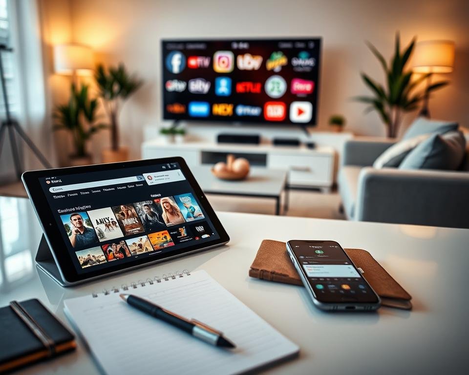 A visually engaging image representing "streaming subscription offers." In the foreground, a modern sleek tablet displaying an interactive streaming platform interface with vibrant thumbnails of movies and series. Surrounding the tablet, a clean, organized desk with a stylish notebook, a pen, and a smartphone showing notifications of streaming deals. In the middle ground, blurred images of a cozy living room setup with a big screen TV featuring various streaming logos subtly visible, reinforcing the concept of streaming. The background showcases a softly lit room with warm ambient lighting and decorative plants, creating a welcoming atmosphere. The overall mood is inviting and modern, emphasizing the excitement of accessing diverse entertainment options.