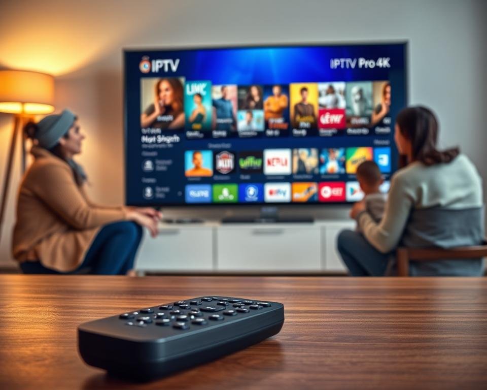 A visually engaging representation of IPTV Pro 4K subscription packages, showcasing a sleek digital interface on a modern flat-screen television. In the foreground, a close-up of a remote control rests on a stylish coffee table, while a family enjoys streaming content in a cozy living room setting, dressed in comfortable, modest attire. The middle section features the TV screen displaying a vibrant, colorful menu of IPTV offerings, with icons for movies, shows, and sports elegantly arranged. The background includes warm lighting from a stylish lamp, creating an inviting atmosphere. The overall mood is family-friendly and tech-savvy, capturing the excitement of engaging with modern television subscriptions. The scene is well-composed to emphasize the advanced technology and convenience of IPTV services. A visually engaging representation of IPTV Pro 4K subscription packages, showcasing a sleek digital interface on a modern flat-screen television. In the foreground, a close-up of a remote control rests on a stylish coffee table, while a family enjoys streaming content in a cozy living room setting, dressed in comfortable, modest attire. The middle section features the TV screen displaying a vibrant, colorful menu of IPTV offerings, with icons for movies, shows, and sports elegantly arranged. The background includes warm lighting from a stylish lamp, creating an inviting atmosphere. The overall mood is family-friendly and tech-savvy, capturing the excitement of engaging with modern television subscriptions. The scene is well-composed to emphasize the advanced technology and convenience of IPTV services.