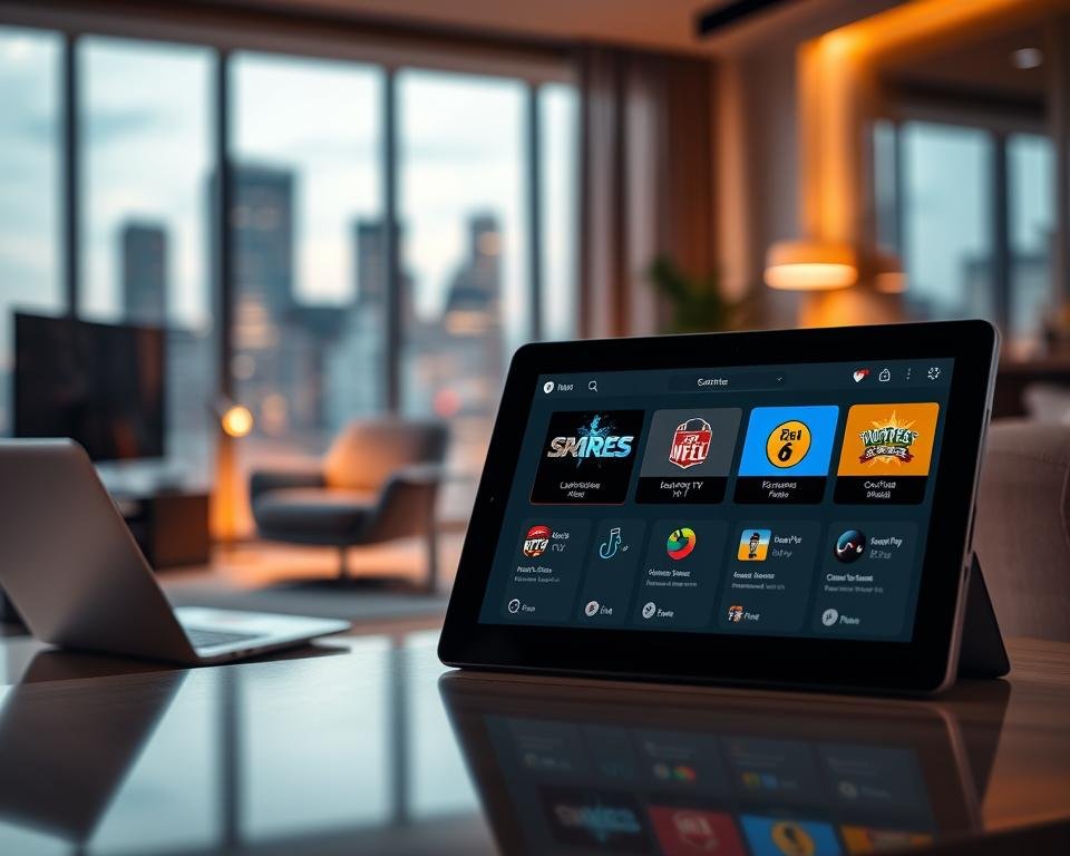 A visually engaging representation of IPTV subscription formulas, emphasizing a sleek, modern design. In the foreground, a stylish tablet displaying various IPTV plans, each featuring vibrant icons symbolizing features like live TV, movies, and sports. In the middle ground, a sophisticated home office setting with a laptop and a comfortable chair, suggesting convenience and accessibility of IPTV services. The background showcases a large window with a cityscape view, bathed in warm, ambient lighting that creates a cozy atmosphere. Use a slight depth of field to focus on the tablet in the foreground while subtly blurring the background. Convey a sense of professionalism and innovation, ideal for a tech-savvy audience.