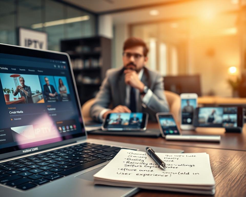 A visually engaging workspace showcasing various IPTV subscription criteria. In the foreground, a sleek laptop displays an IPTV interface, reflecting channels and quality settings. Beside it, a notepad holds handwritten notes on features like reliability and user experience. In the middle, a professional person in business attire is thoughtfully discussing options on a video call, surrounded by smartphone and tablet devices showing IPTV applications. The background features a modern office setting with soft, focused lighting that creates a warm and professional atmosphere. The scene captures an essence of decision-making and analytical thinking, emphasizing the importance of quality and reliability when choosing an IPTV application subscription. Use a shallow depth of field to create a sense of intimacy and focus on the subject matter.