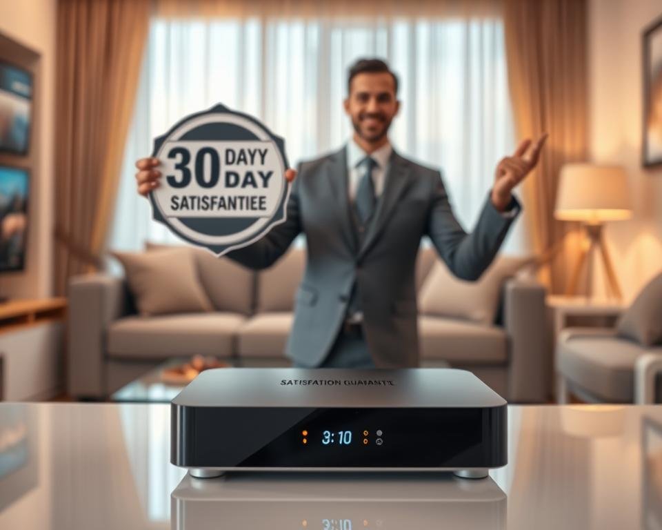 A visually striking and professional composition illustrating a "30 Day Satisfaction Guarantee" theme. In the foreground, a clean, modern product display featuring a sleek IPTV device with a glowing screen showcasing vibrant streaming options. In the middle ground, a confident business person in smart attire enthusiastically holds a sign that symbolizes the guarantee, embodying trust and assurance. The background includes a softly blurred living room setting with warm lighting, suggesting comfort and connectivity. Use a shallow depth of field to emphasize the product and person, creating a welcoming yet professional atmosphere. The overall mood should be one of reliability and satisfaction, encouraging viewers to engage with the offer.