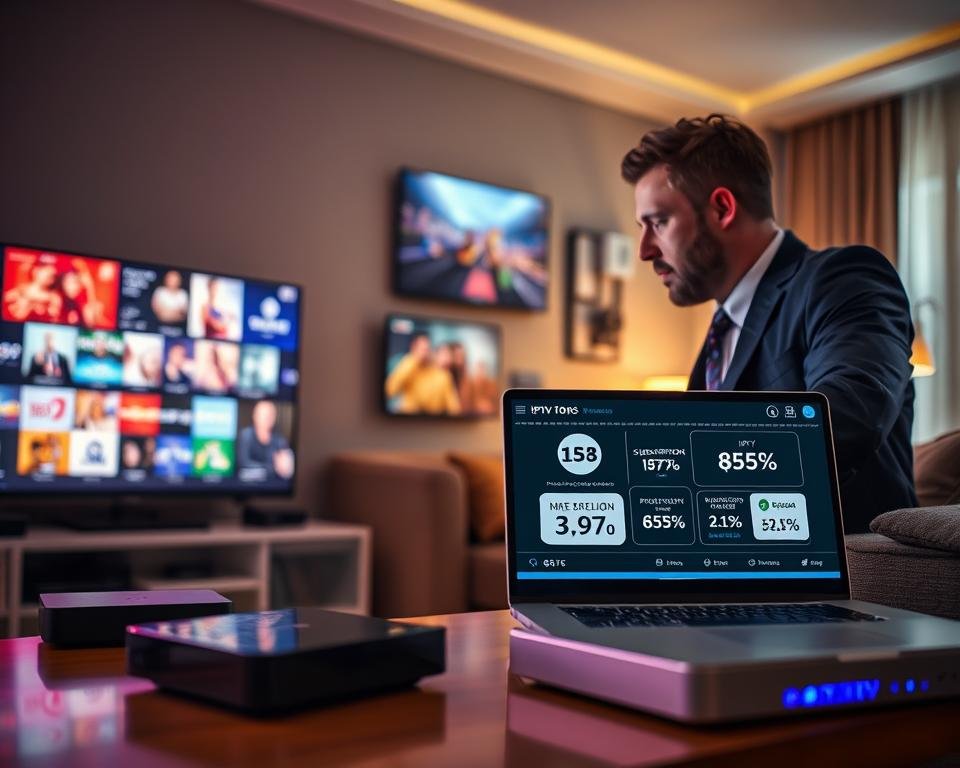 A visually striking comparison of IPTV service providers. In the foreground, display sleek, modern digital devices like smart TVs and streaming boxes, with vibrant screens showing various IPTV channels. The middle ground features a professional businessperson in formal attire, thoughtfully analyzing a laptop displaying IPTV subscription stats and graphics, symbolizing affordability and premium quality. In the background, a cozy living room environment enhances the intimate viewing experience, illuminated by warm, inviting lighting. Use a wide-angle lens to capture the dynamic interaction between technology and comfort, evoking a sense of accessibility and quality in streaming entertainment. The overall mood is optimistic and informative, perfect for highlighting affordable premium IPTV services.
