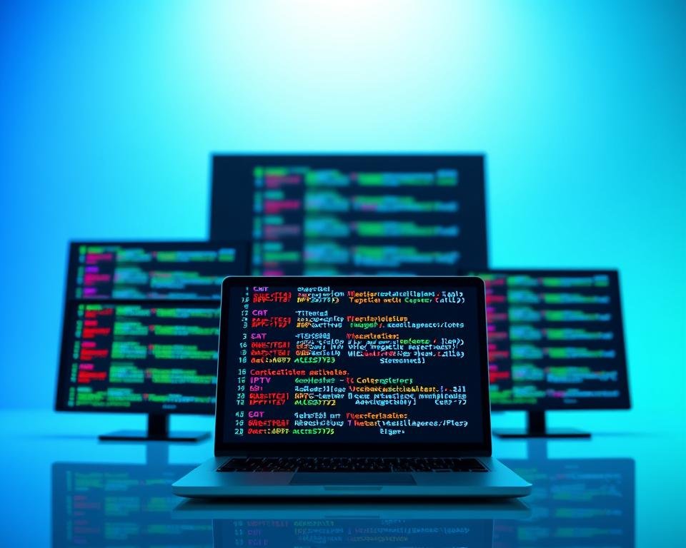 A visually striking illustration focusing on various IPTV access codes, organized in a clean and professional layout. In the foreground, showcase several digital screens displaying colorful, dynamic grids of code snippets and icons representing different IPTV services. In the middle ground, include a sleek, modern laptop with a blurred screen reflecting code activation processes. The background features a gradient of bright blues and greens, evoking a tech-savvy atmosphere, with subtle abstract shapes suggestive of digital networks. The lighting is bright and balanced, simulating daylight, while the angle is slightly above eye level, inviting viewers into the high-tech world of IPTV. The overall mood is innovative and professional, perfectly capturing the essence of IPTV access formats without any text or distractions.