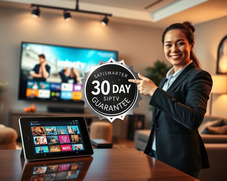 A visually striking image depicting a "30-day satisfaction guarantee" concept. In the foreground, a modern, sleek digital device like a tablet or smartphone displaying an IPTV Smarters app interface, showcasing vibrant streaming content. To the right, a smiling professional, dressed in business casual attire, points toward the device, embodying trust and assurance. The middle layer features an elegant graphic element, such as a shiny shield or badge symbolizing the guarantee, with a soft glow, enhancing its importance. In the background, a cozy, contemporary living room setting, with a large screen displaying the IPTV content, warm lighting from overhead fixtures creating an inviting atmosphere. The overall mood conveys reliability, comfort, and confidence in the service offered. A visually striking image depicting a "30-day satisfaction guarantee" concept. In the foreground, a modern, sleek digital device like a tablet or smartphone displaying an IPTV Smarters app interface, showcasing vibrant streaming content. To the right, a smiling professional, dressed in business casual attire, points toward the device, embodying trust and assurance. The middle layer features an elegant graphic element, such as a shiny shield or badge symbolizing the guarantee, with a soft glow, enhancing its importance. In the background, a cozy, contemporary living room setting, with a large screen displaying the IPTV content, warm lighting from overhead fixtures creating an inviting atmosphere. The overall mood conveys reliability, comfort, and confidence in the service offered.