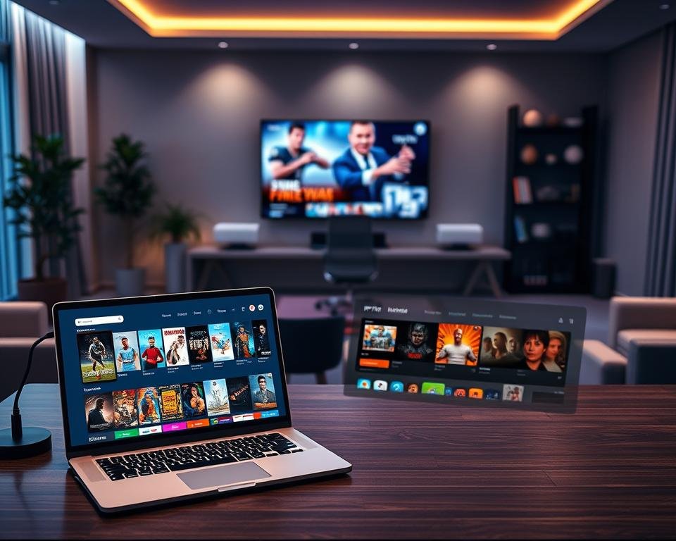 A visually striking image showcasing a comprehensive IPTV and VOD content catalog. In the foreground, a sleek modern digital interface displays a variety of streaming options, featuring vibrant thumbnails of movies, TV shows, and sports content. The middle ground includes a stylish desk with a laptop open, showcasing the IPTV platform's user-friendly navigation. In the background, a contemporary living room setting with a large flat-screen TV, ambient lighting softly illuminating the room, creating a cozy atmosphere. The scene is shot from an elevated angle, capturing both the interface and the inviting environment. The overall mood is professional yet inviting, emphasizing the convenience and diversity of content available through IPTV subscriptions.