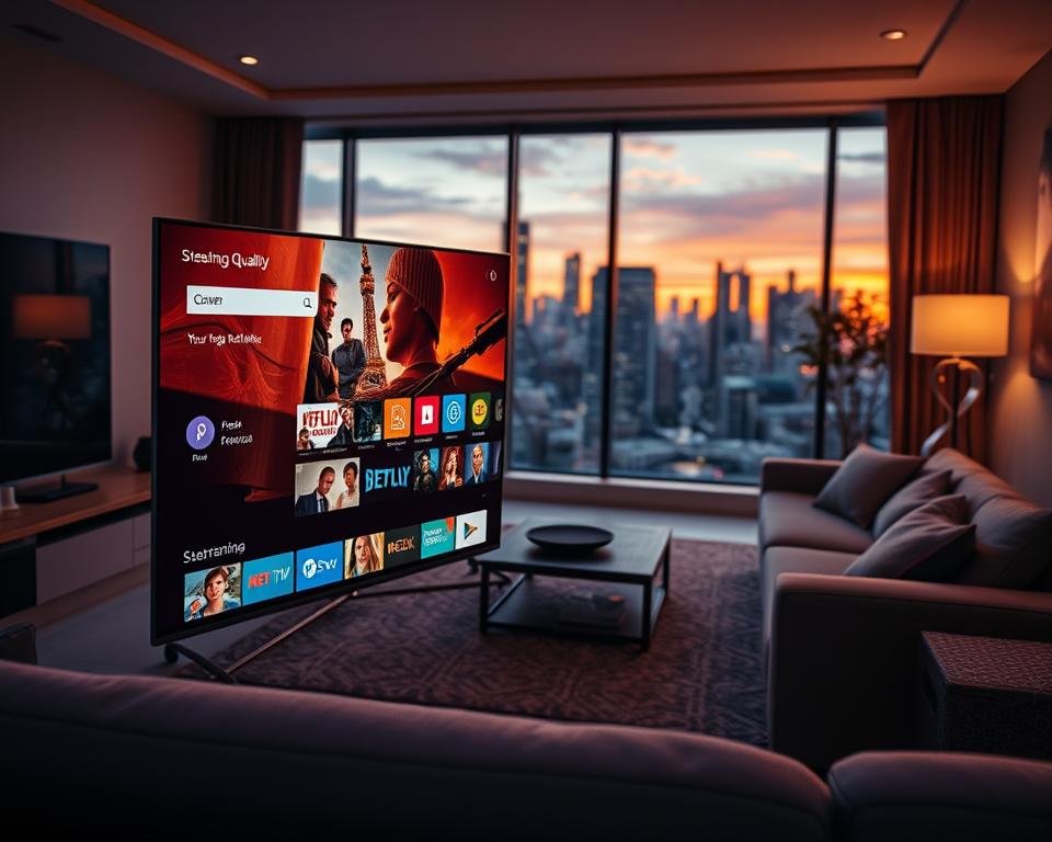 A visually striking representation of high-definition streaming quality. In the foreground, a sleek, modern television displays vibrant colors and sharp details of a popular streaming interface, showcasing a variety of content options. In the middle ground, a cozy living room setting features a comfortable couch and stylish decor, accentuated by soft ambient lighting that creates a warm atmosphere. In the background, a large window shows a city skyline at sunset, adding depth and contrast. The scene is captured from a slightly low angle to emphasize the television, with a wide lens creating a dynamic perspective. The overall mood should convey sophistication and comfort, reflecting the premium nature of IPTV service. Ensure the image is free of any text, logos, or watermarks.