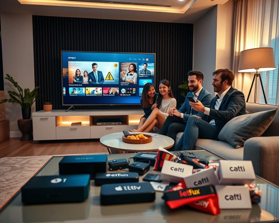 A visually striking representation of the concept of "Best Value IPTV" in a modern, tech-savvy setting. In the foreground, showcase a sleek, stylish living room with a high-definition television displaying vibrant, engaging IPTV content. Include a comfortable couch with a few professional individuals, dressed in smart casual attire, happily interacting with a remote control, embodying enjoyment and satisfaction. In the middle ground, integrate elements like a coffee table cluttered with popular streaming device logos and snacks, emphasizing a relaxed viewing experience. The background should reveal a contemporary decor with soft, warm lighting, creating an inviting atmosphere. Utilize a slightly angled perspective to enhance depth, capturing the essence of affordable yet high-quality entertainment.