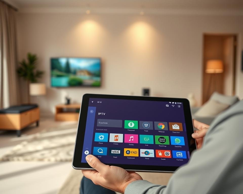 A visually striking user interface for an IPTV application, displayed on a sleek modern tablet. The foreground features the tablet held comfortably by a person in professional attire, showcasing vibrant icons and a smooth navigation flow on the screen. In the middle ground, a cozy home environment with soft lighting that creates a warm atmosphere, allowing the focus to remain on the user interface. The background includes stylish contemporary furniture and a subtle hint of technology, such as a smart TV and sound system. The shot is taken at a slight angle to emphasize the intuitive layout of the app, with soft shadows highlighting the interface elements. The overall mood is welcoming and modern, suggesting ease of use and innovation.