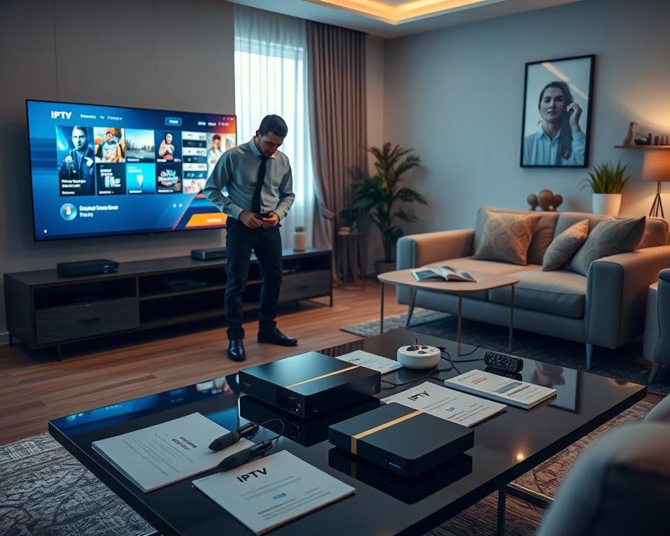 A well-equipped home entertainment setup for IPTV installation, featuring a modern living room with a sleek television displaying a digital interface. In the foreground, a technician in professional attire is seen connecting cables and setting up a streaming device on a stylish TV stand. The middle ground showcases a clutter-free coffee table with IPTV manuals and tools, while the background displays a cozy couch and decorative elements, creating a warm atmosphere. Soft, natural lighting filters through a window, highlighting the high-tech equipment. The scene conveys a sense of professionalism and clarity, ideal for illustrating the configuration and installation process of IPTV services.