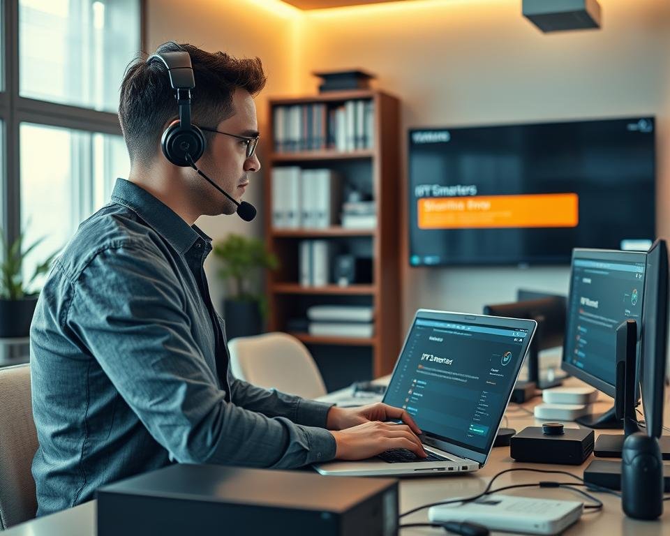 A well-lit, modern workspace featuring a professional technician with a headset, engaged in providing technical support for an IPTV application. In the foreground, the technician, wearing smart casual attire, focuses intently on a laptop displaying the IPTV Smarters interface. The middle ground includes a desktop setup with various tech gadgets, such as routers and smart devices, emphasizing a tech-savvy environment. The background is adorned with a bookshelf filled with tech manuals and a large screen showing a streaming error, highlighting the need for assistance. Soft, diffused lighting creates a warm, inviting atmosphere, while the camera angle captures a slight overhead view, portraying the technician's expertise and dedication to support.