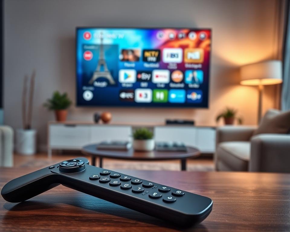 An elegant and user-friendly interface of the IPTV Smarters Pro application displayed on a modern smart TV screen. In the foreground, a sleek remote control rests on a stylish coffee table, featuring buttons designed for easy navigation. The middle layer showcases the TV displaying a vibrant interface, with colorful tiles representing various streaming services and channels, all organized for intuitive access. The background features a cozy living room setting with warm lighting, soft couches, and decor that enhances a sense of relaxation and entertainment. The angle captures the screen from slightly below, emphasizing the clarity of the displayed content. The atmosphere is inviting and contemporary, inviting viewers to imagine enjoying seamless IPTV viewing.