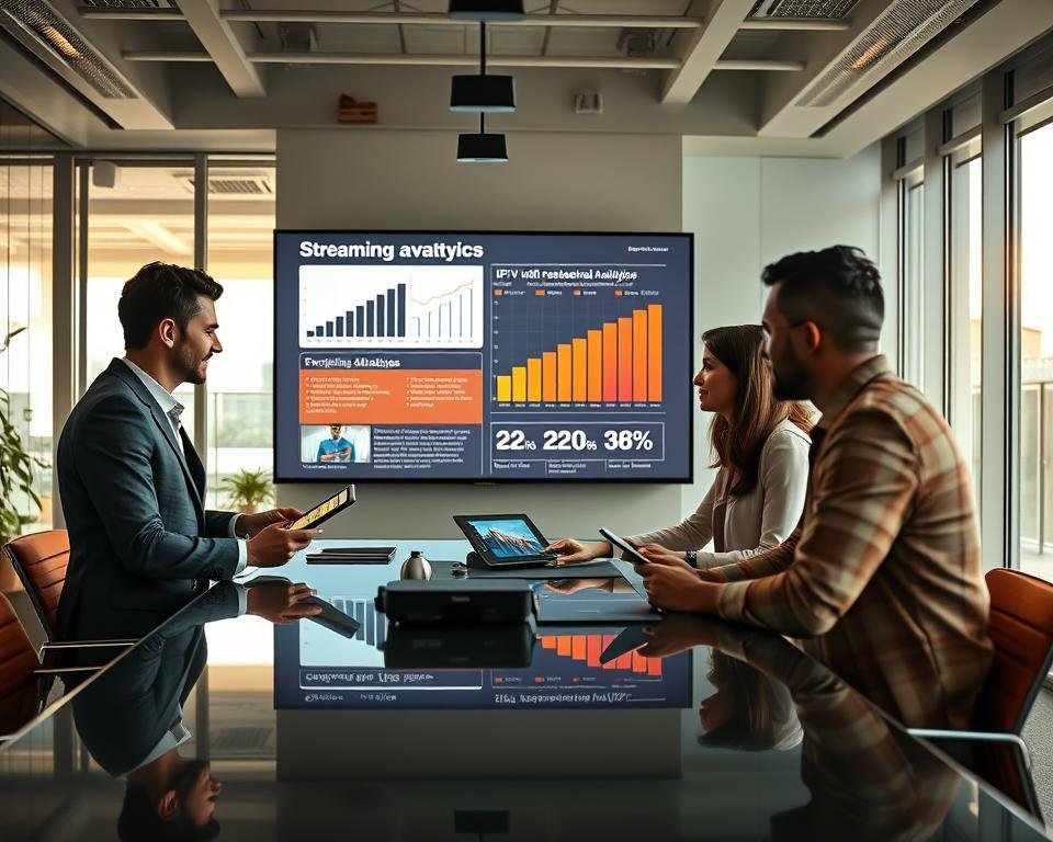 An engaging and dynamic office scene showcasing the competitive advantages of a professional IPTV service. In the foreground, a diverse group of three professionals dressed in business attire is discussing technology and strategy around a sleek conference table with high-end devices like tablets and large screens displaying streaming analytics. In the middle, a vibrant presentation projected onto a wall illustrates key performance indicators and growth metrics. The background features modern office decor, with large windows letting in natural light to create an energetic atmosphere. The lighting is bright yet soft, capturing a sense of collaboration and innovation. Capture the mood of teamwork and forward-thinking in a contemporary corporate environment.