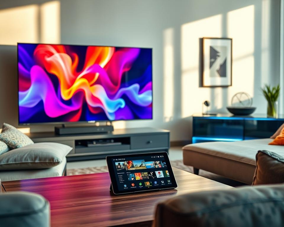An engaging and modern scene showcasing an exclusive IPTV Pro 4K offer. In the foreground, a sleek black television displaying vibrant 4K images, surrounded by contemporary furniture in a stylish living room. A tablet rests on the coffee table, showing a streaming interface. In the middle ground, an inviting couch adorned with colorful cushions, and a stylish media console with subtle LED lighting. The background features a tastefully decorated wall with minimalistic art pieces, contributing to a sophisticated atmosphere. Natural light streams through a large window, casting soft shadows and enhancing the warm ambiance. The overall mood is energetic and appealing, highlighting the allure of exclusive television and internet offers while maintaining a professional feel. An engaging and modern scene showcasing an exclusive IPTV Pro 4K offer. In the foreground, a sleek black television displaying vibrant 4K images, surrounded by contemporary furniture in a stylish living room. A tablet rests on the coffee table, showing a streaming interface. In the middle ground, an inviting couch adorned with colorful cushions, and a stylish media console with subtle LED lighting. The background features a tastefully decorated wall with minimalistic art pieces, contributing to a sophisticated atmosphere. Natural light streams through a large window, casting soft shadows and enhancing the warm ambiance. The overall mood is energetic and appealing, highlighting the allure of exclusive television and internet offers while maintaining a professional feel.