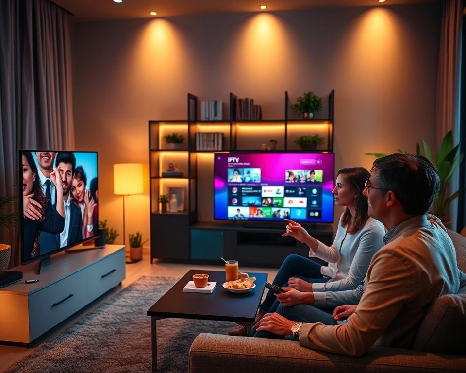 An engaging user experience of streaming depicted in a modern living room. In the foreground, a diverse group of three adults, dressed in professional business attire, are intently watching a sleek smart TV displaying a vibrant IPTV interface. One person gestures excitedly, reflecting their positive experience. The middle ground includes a comfortable sofa, a coffee table with snacks, and a high-tech remote control, emphasizing a casual yet focused atmosphere. In the background, a well-lit bookshelf and potted plants enhance the homely setting, with warm, soft lighting casting a cozy glow. The overall mood is vibrant and inviting, showcasing the enjoyment of shared streaming experiences.