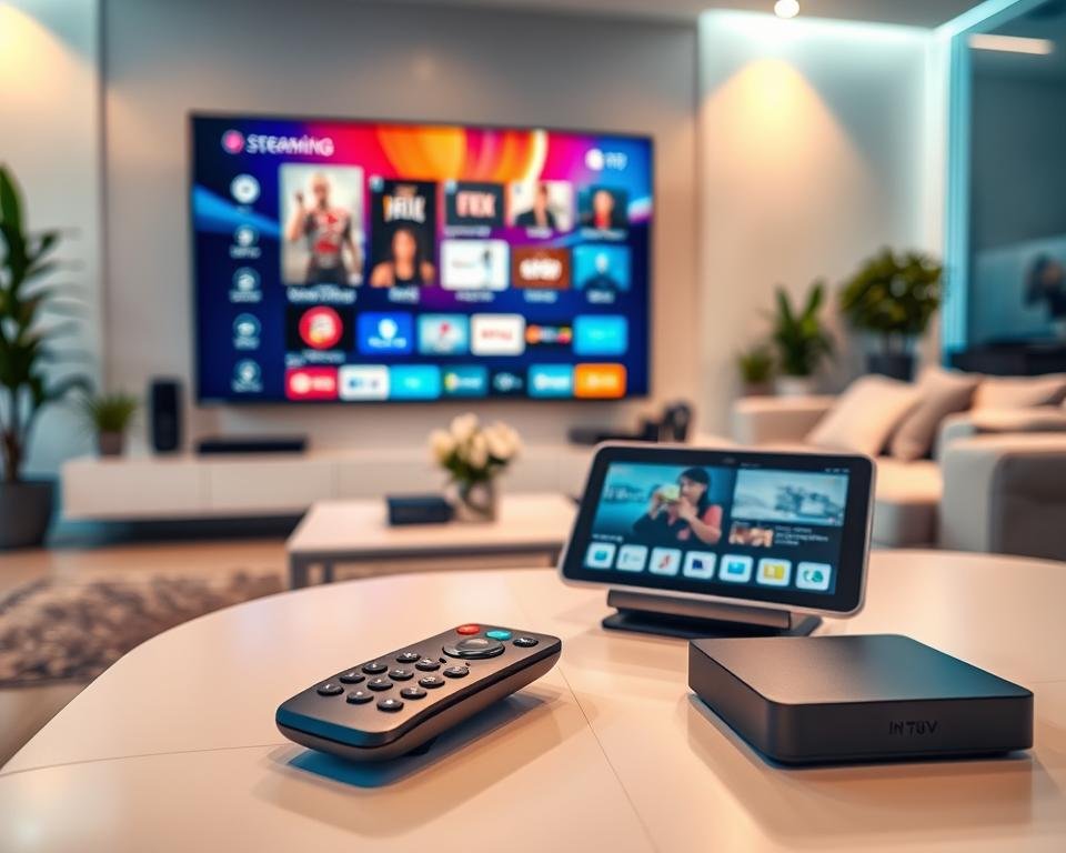 a futuristic living room with a large smart TV displaying vibrant streaming options, featuring a sleek remote control on a stylish coffee table in the foreground. In the middle, there are modern gadgets like a streaming box and a tablet, showing an interface for IPTV services. The background includes a cozy couch and soft ambient lighting that creates a warm and inviting atmosphere. A few potted plants add a touch of greenery to the room. The scene is captured from a slightly angled perspective to emphasize depth, using soft focus to enhance the mood of relaxation and convenience in entertainment. The overall style should be contemporary and professional, evoking a sense of tech-savvy comfort.